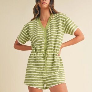 MABLE BRAND SHORTS ROMPER! Draw string waist. Avocado/ white stripe! M/L